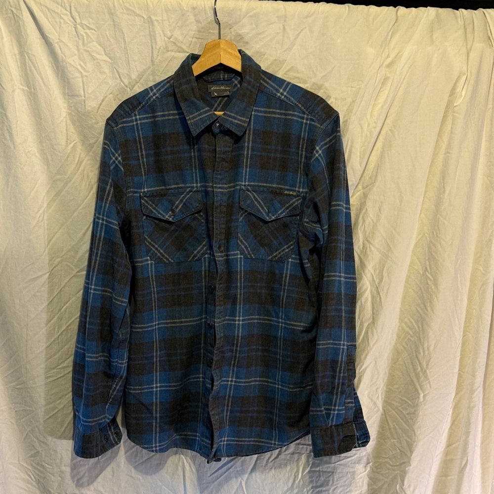 Eddie Bauer Heavyweight Hemp Blue and Gray Plaid Shirt